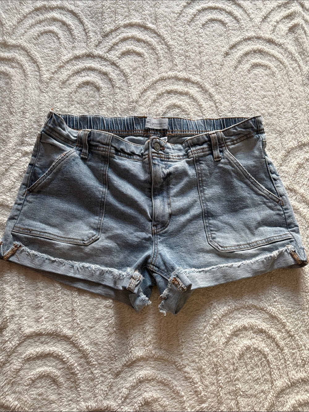 Light Blue Denim Jean Shorts with Frayed Hem - Women